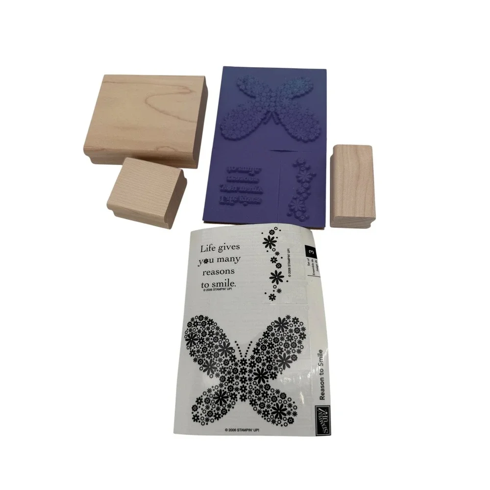 Stampin Up Reason to Smile Rubber Stamp Set 2006 Butterfly Floral Wood Mount 3pc - Picture 1 of 2